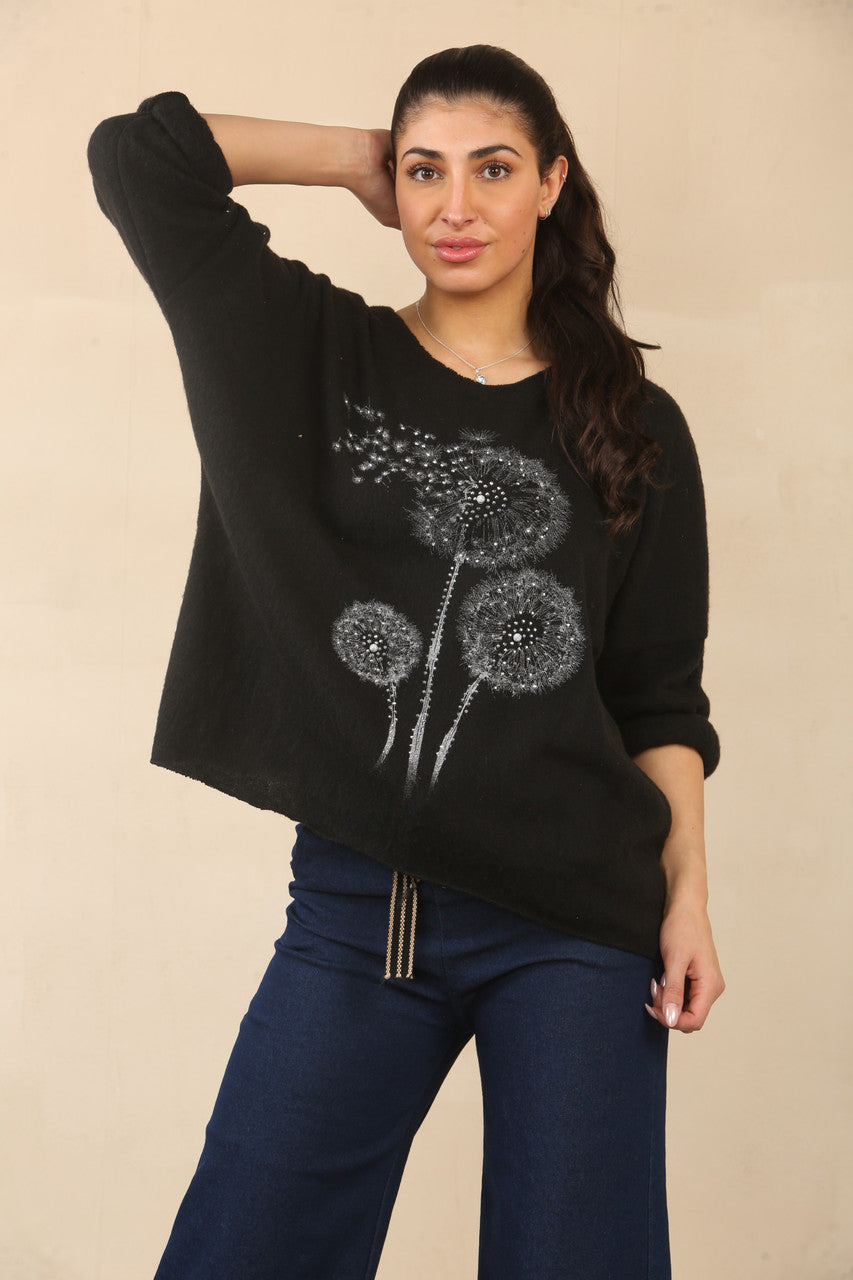 PAARDEBLOEM BLOEMEN GRAPHIC JUMPER TOP - ZWART