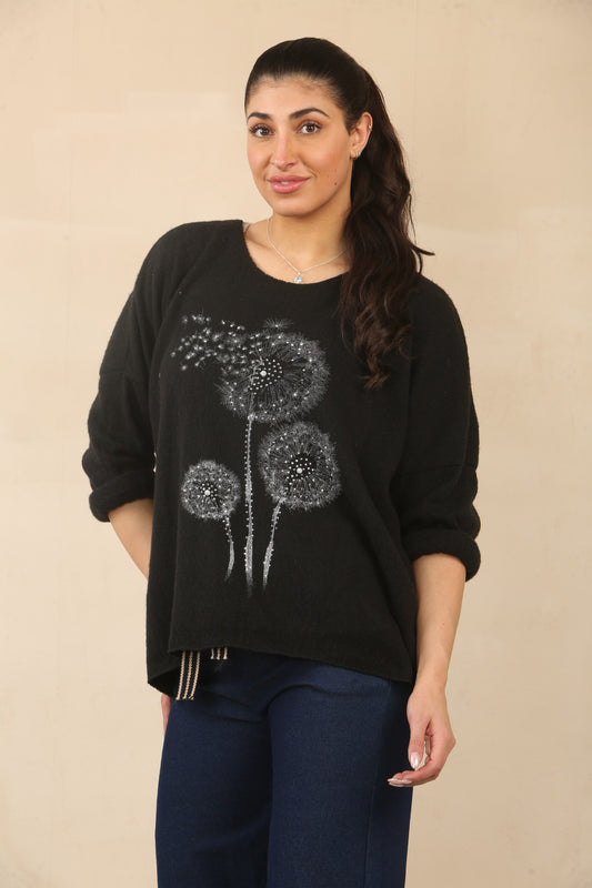 PAARDEBLOEM BLOEMEN GRAPHIC JUMPER TOP - ZWART