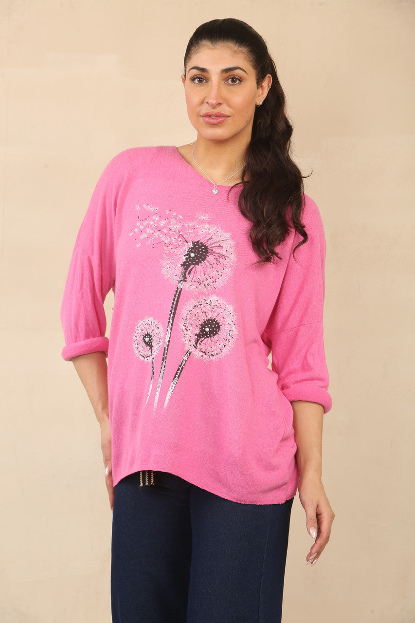 Dandelion Print Oversized Relaxed Fit Long Sleeve Top