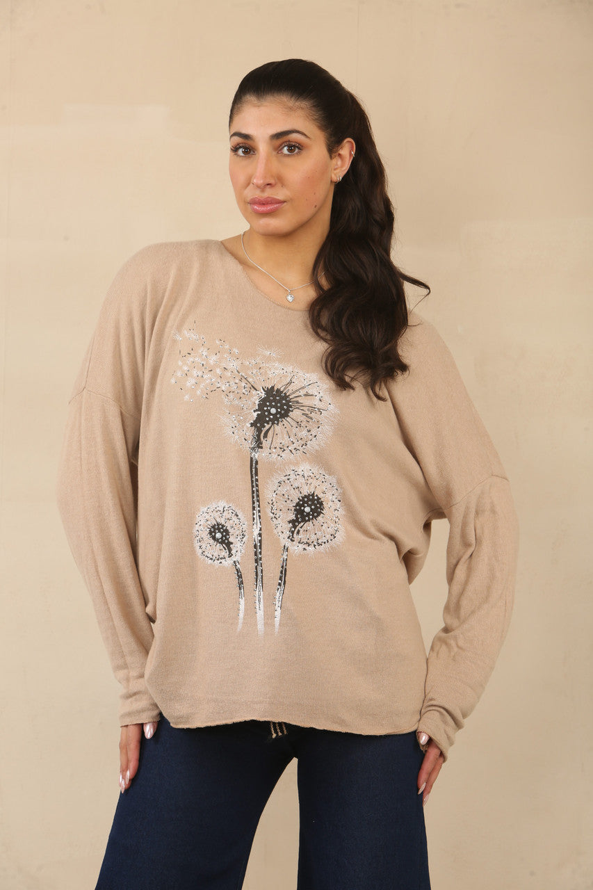 PAARDEBLOEM BLOEMEN PRINT TRUI TOP - TAN