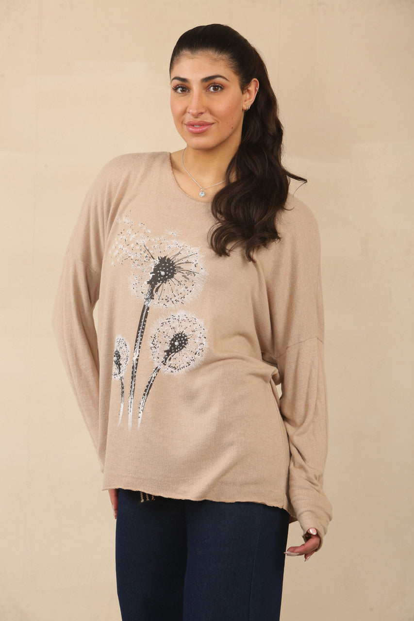 PAARDEBLOEM BLOEMEN PRINT TRUI TOP - TAN
