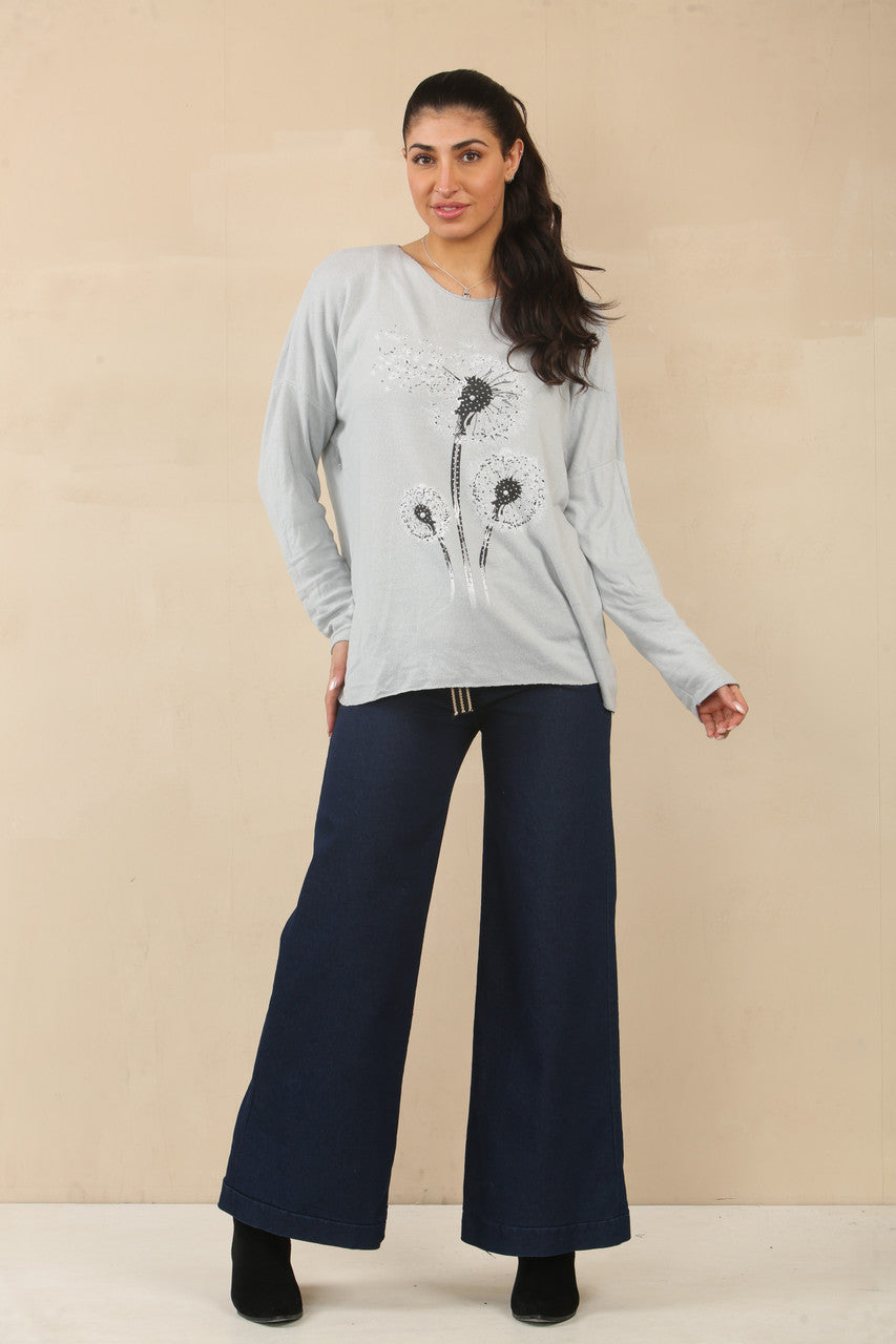 DANDELION FLORAL GRAPHIC JUMPER TOP - SILVER GREY