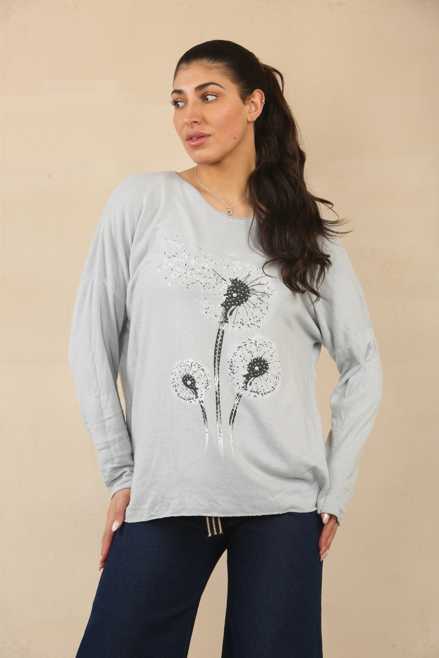 Dandelion Print Oversized Relaxed Fit Long Sleeve Top