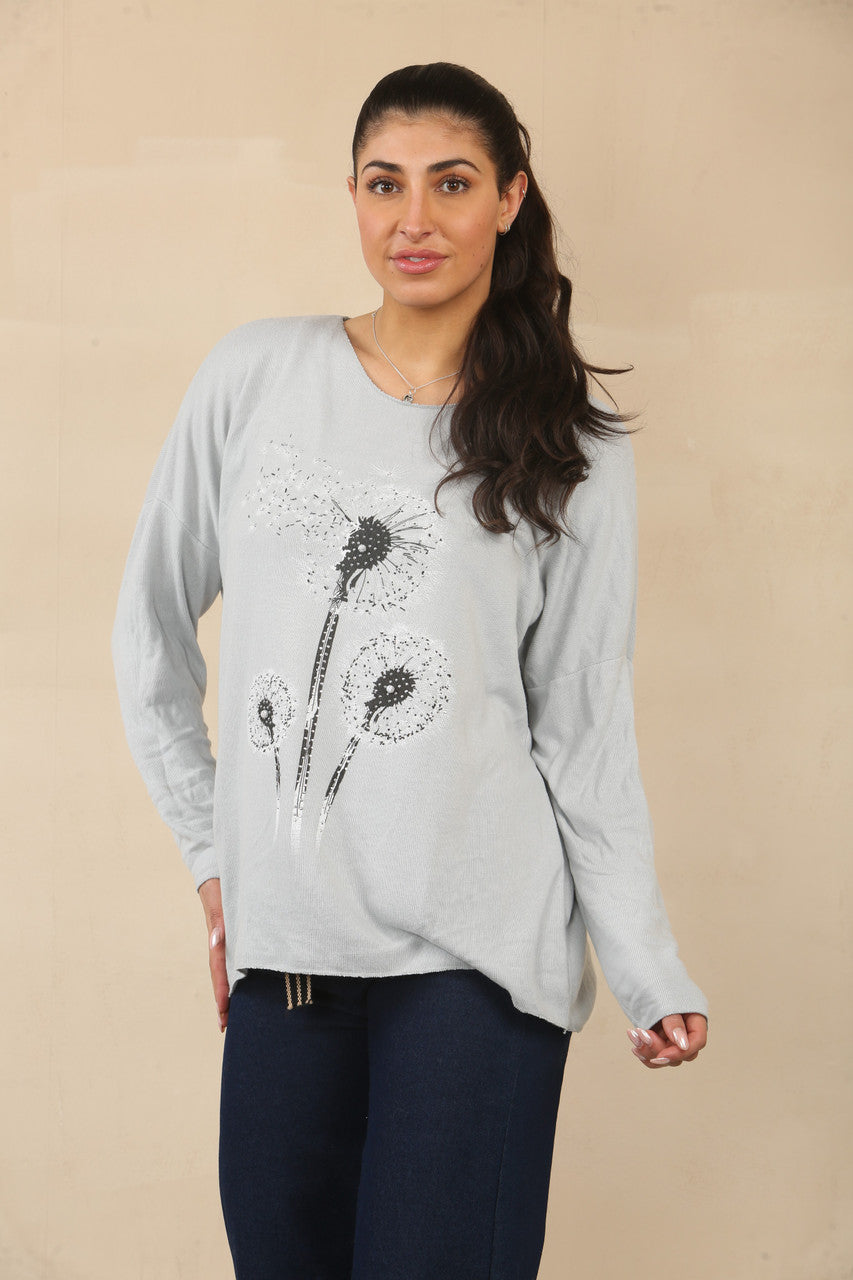 DANDELION FLORAL GRAPHIC JUMPER TOP - SILVER GREY