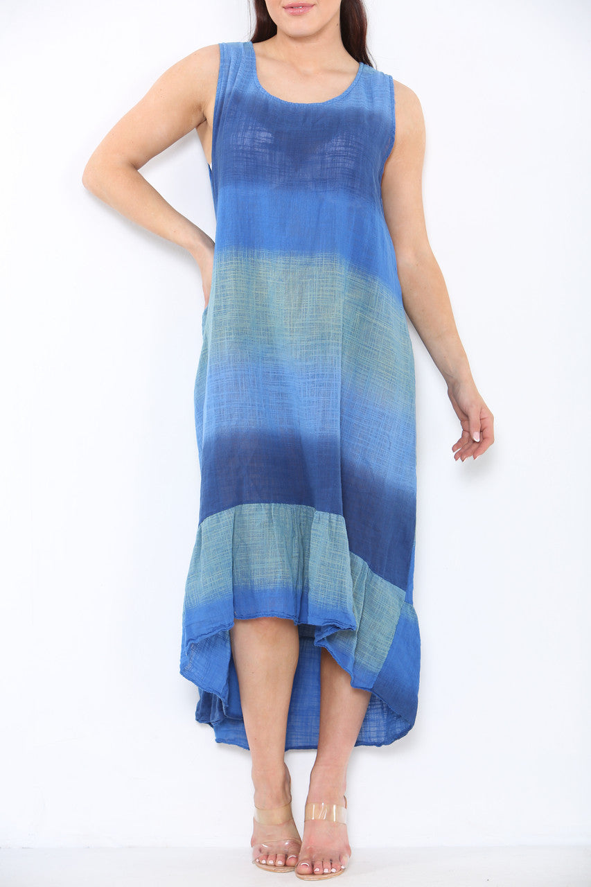 Ladies Tie Dye Ombre Sleeveless Dress Royal Blue