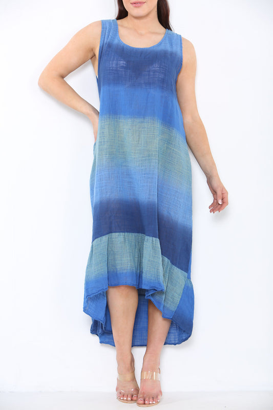 Dames Tie Dye Ombre Mouwloze Jurk Koningsblauw
