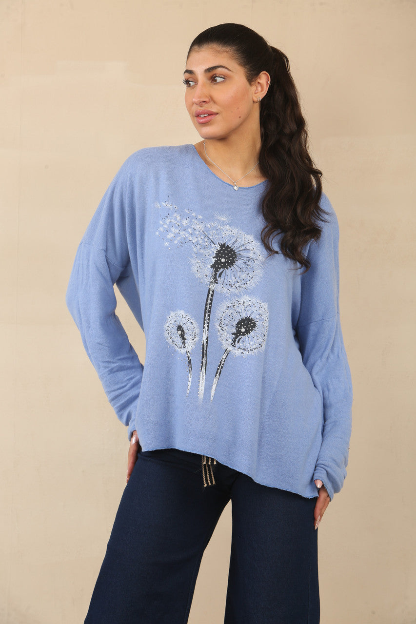 PAARDEBLOEM BLOEMENPRINT TRUI - KORENBLAUW
