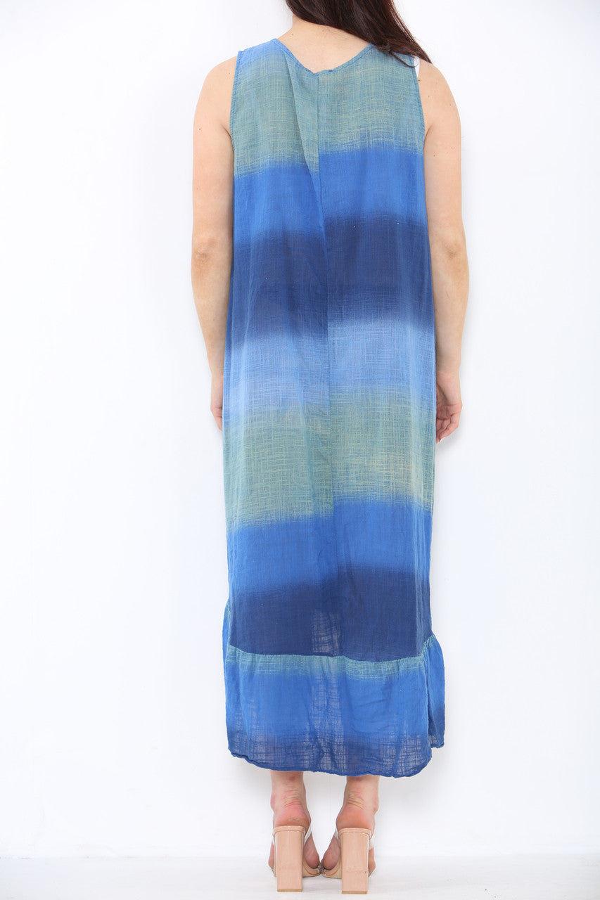 Ladies Tie Dye Ombre Sleeveless Dress Royal Blue