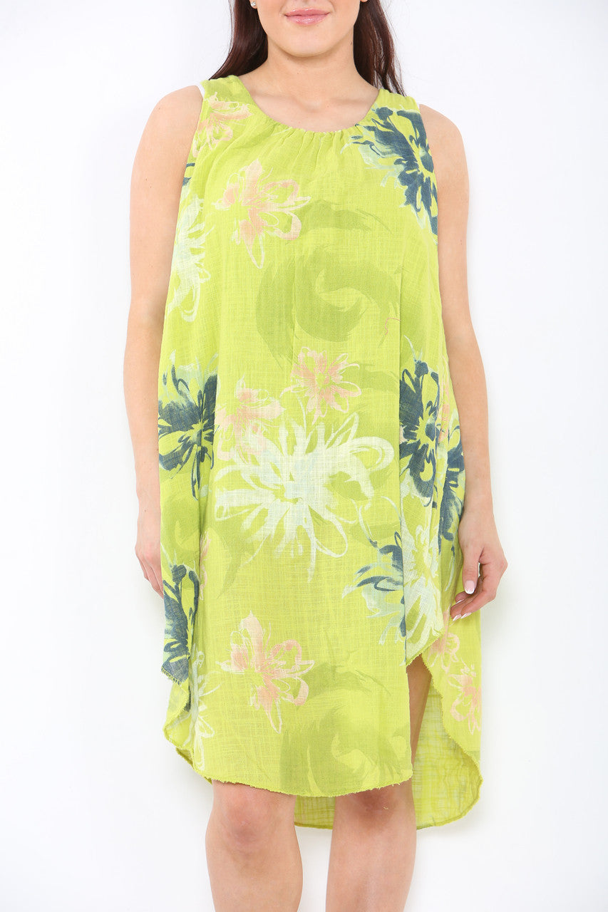 Ladies Abstract Floral Print Sleeveless Dress Lime