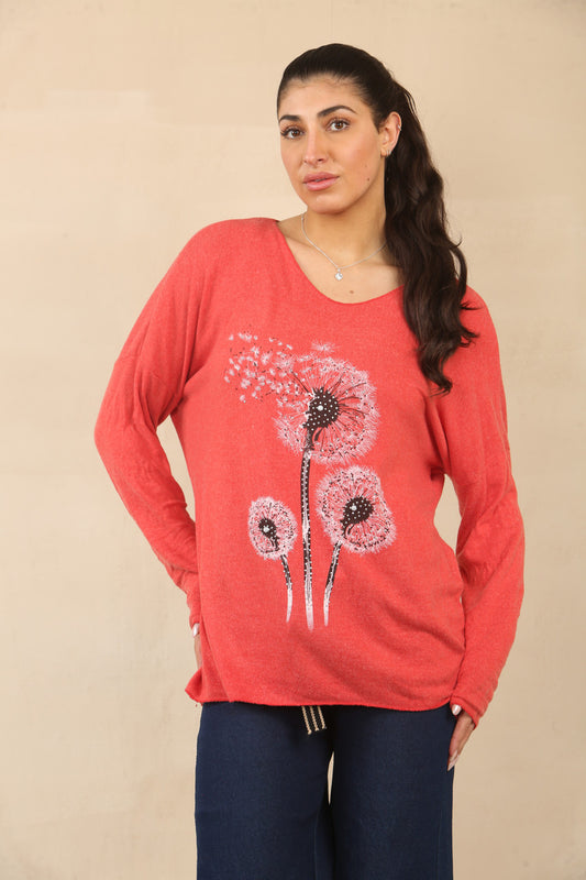 PAARDENBLOEM BLOEMEN GRAPHISCHE TRUI TOP - ROOD