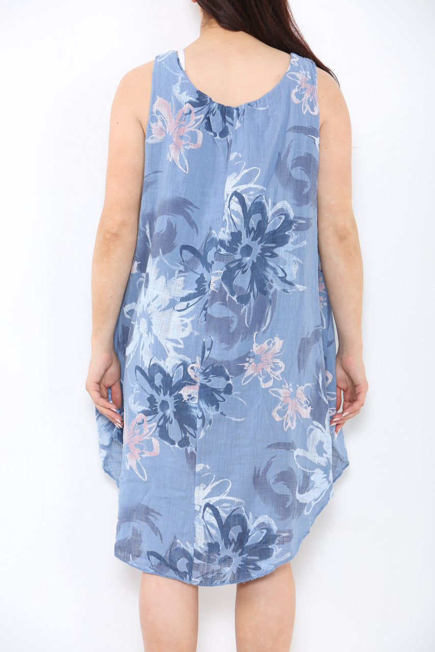Dames mouwloze jurk van denim met abstracte bloemenprint