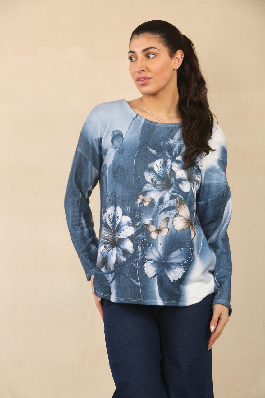 TOP MET BLOEMEN- EN VLINDERPRINT - NAVY
