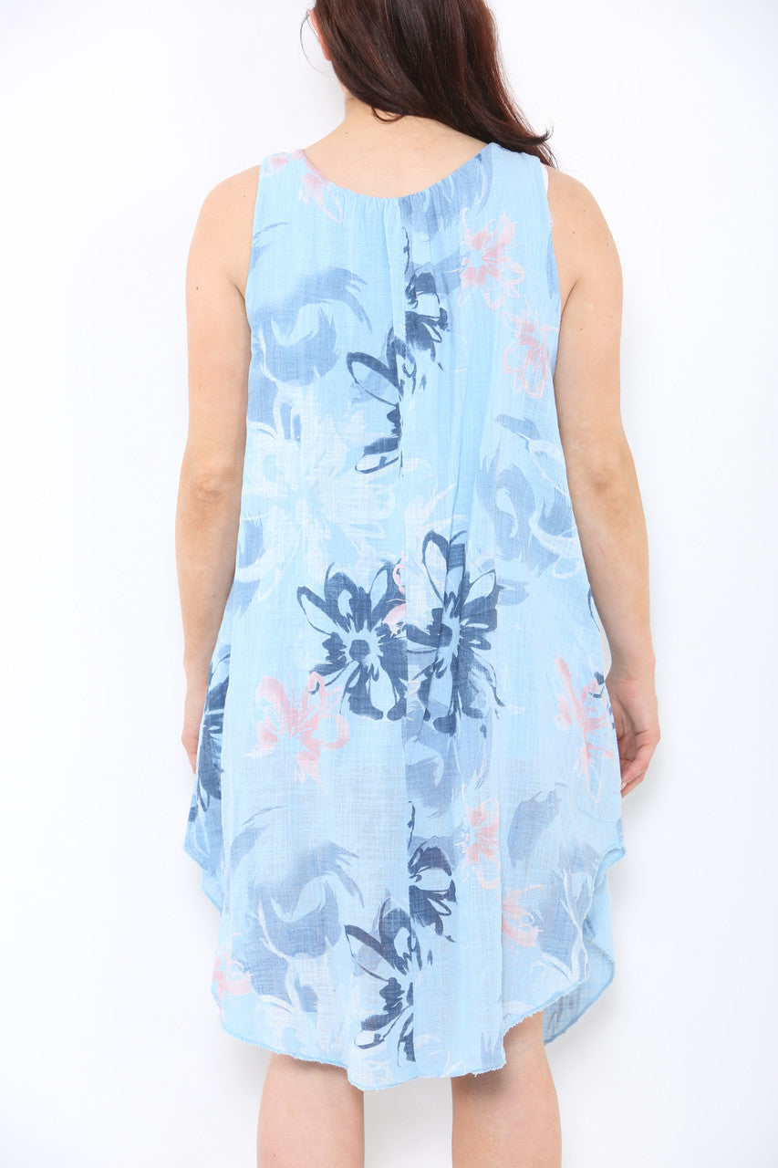 Ladies Abstract Floral Print Sleeveless Dress Sky Blue