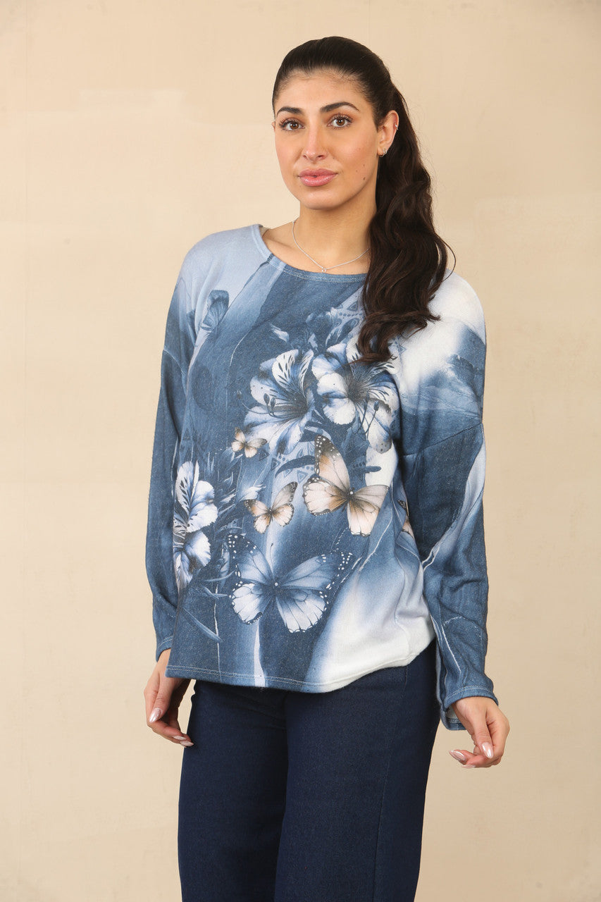 TOP MET BLOEMEN- EN VLINDERPRINT - NAVY