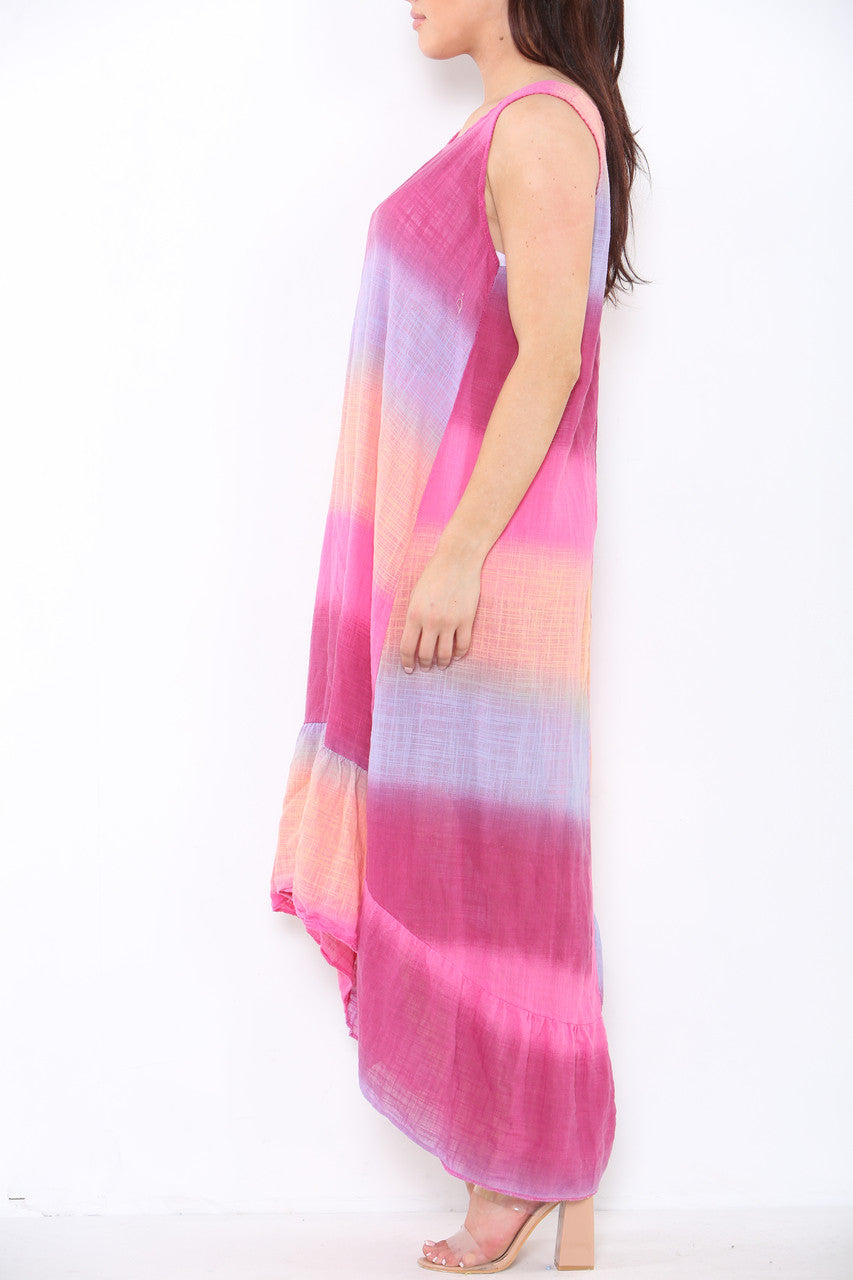 Ladies Tie Dye Ombre Sleeveless Dress Cerise