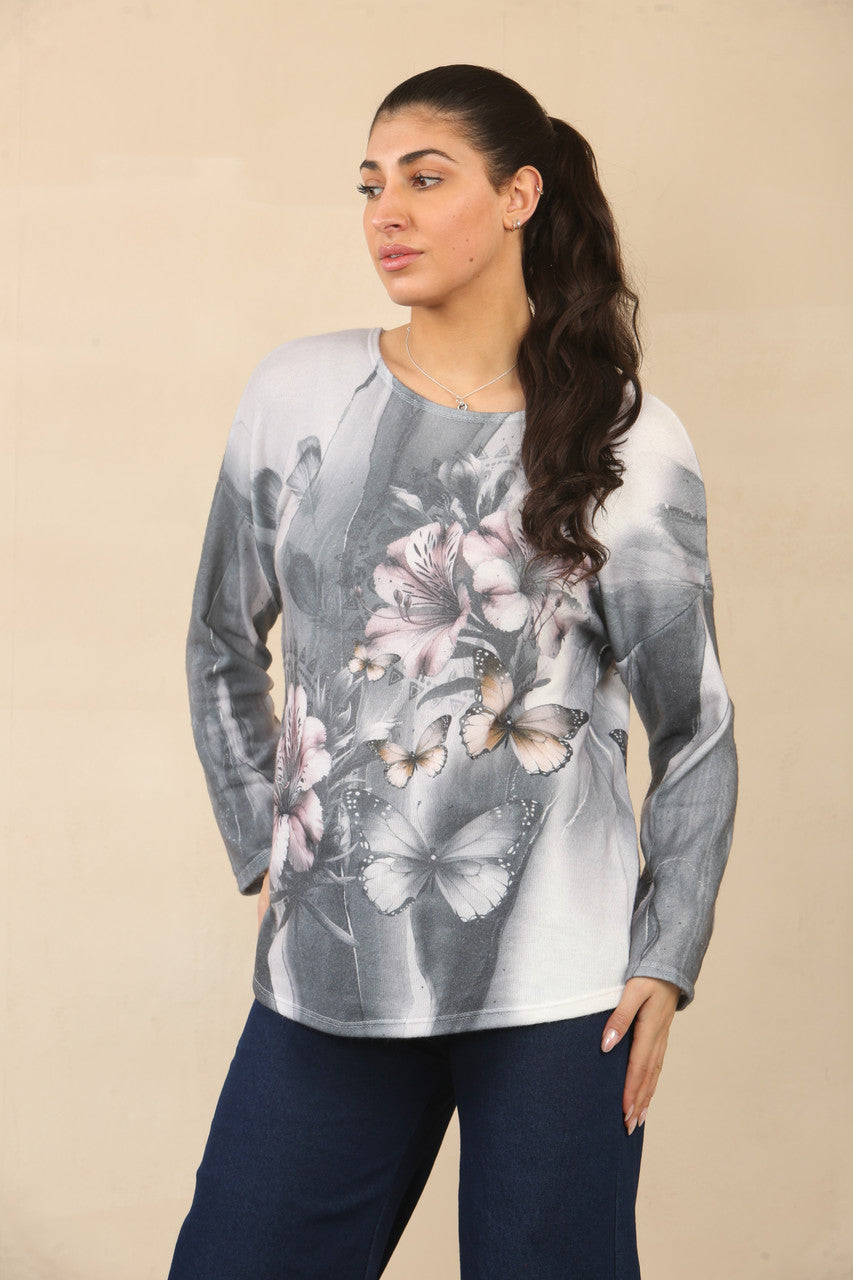 TOP MET BLOEMEN- EN VLINDERPRINT - GRIJS