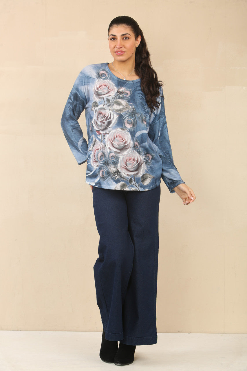 PEACOCK FEATHER ROSE GRAPHIC TOP - MARINEBLAUW