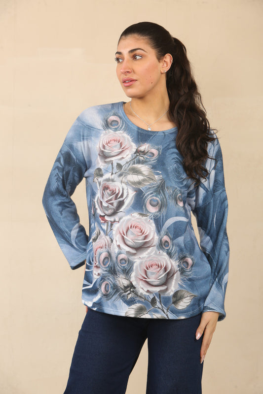 PEACOCK FEATHER ROSE GRAPHIC TOP - NAVY