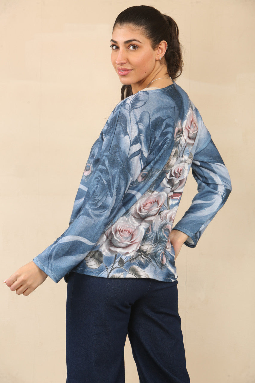 PEACOCK FEATHER ROSE GRAPHIC TOP - MARINEBLAUW