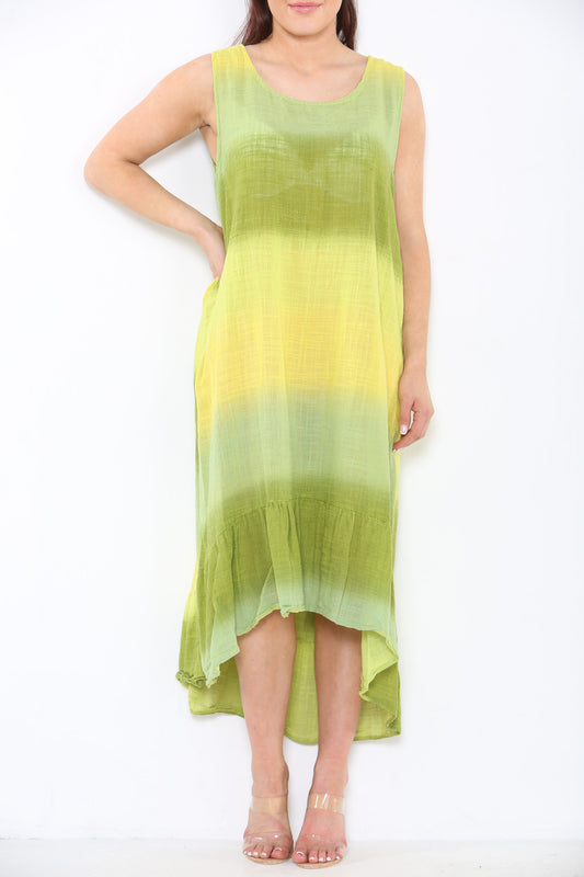 Dames Mouwloze Tie Dye Ombre Jurk Lime
