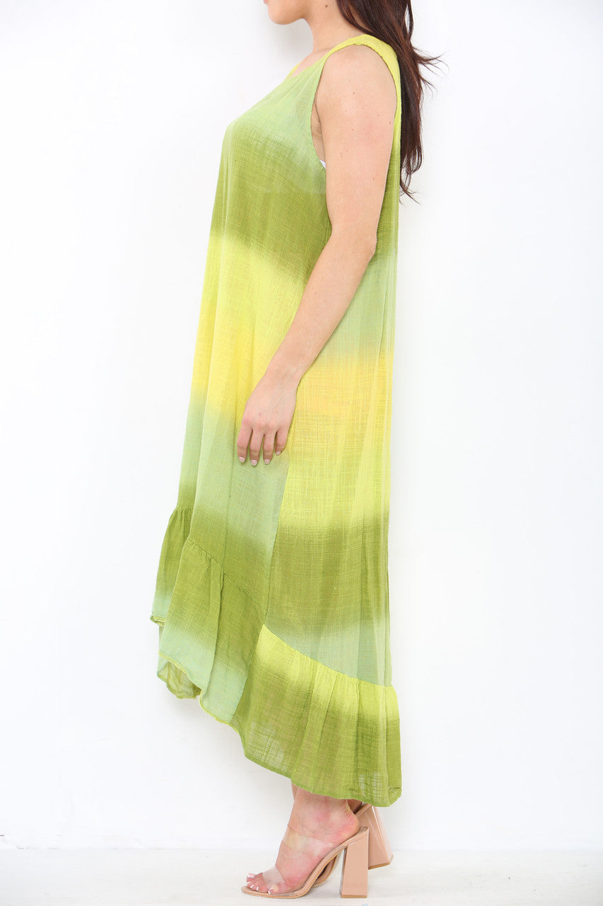 Ladies Tie Dye Ombre Sleeveless Dress Lime