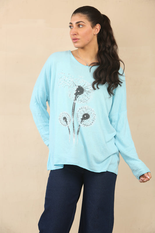 PAARDEBLOEM BLOEMEN PRINT TRUI - TURQUOISE