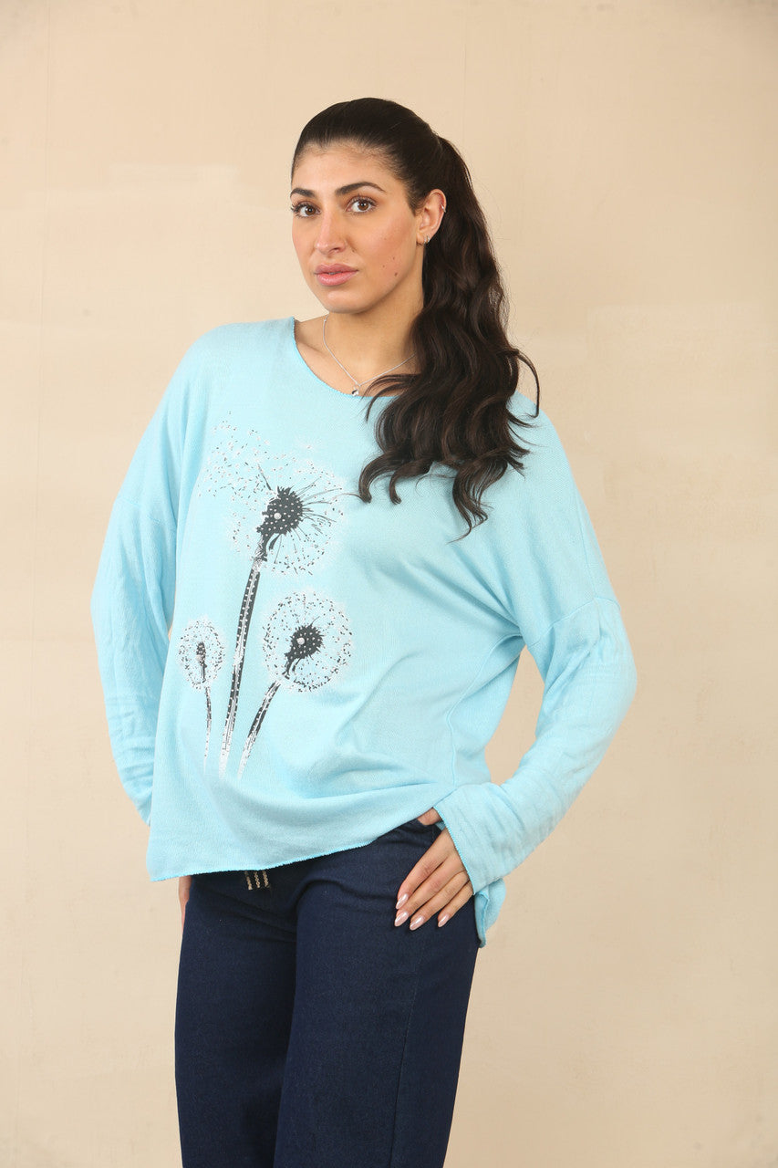 PAARDEBLOEM BLOEMEN PRINT TRUI - TURQUOISE