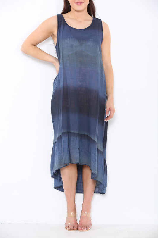 Dames mouwloze jurk van tie-dye in marineblauw met ombre-effect