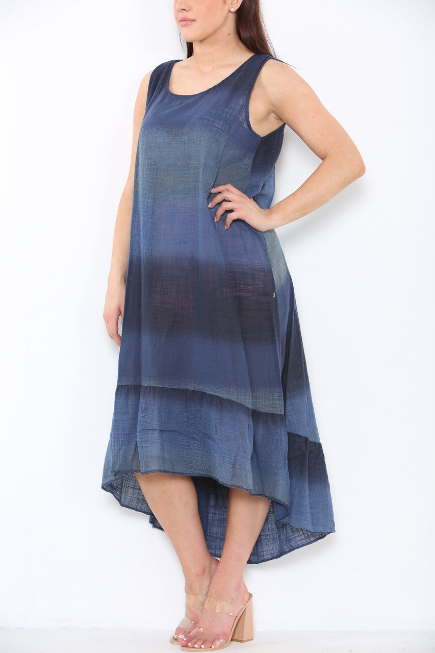 Ladies Tie Dye Ombre Sleeveless Dress Navy