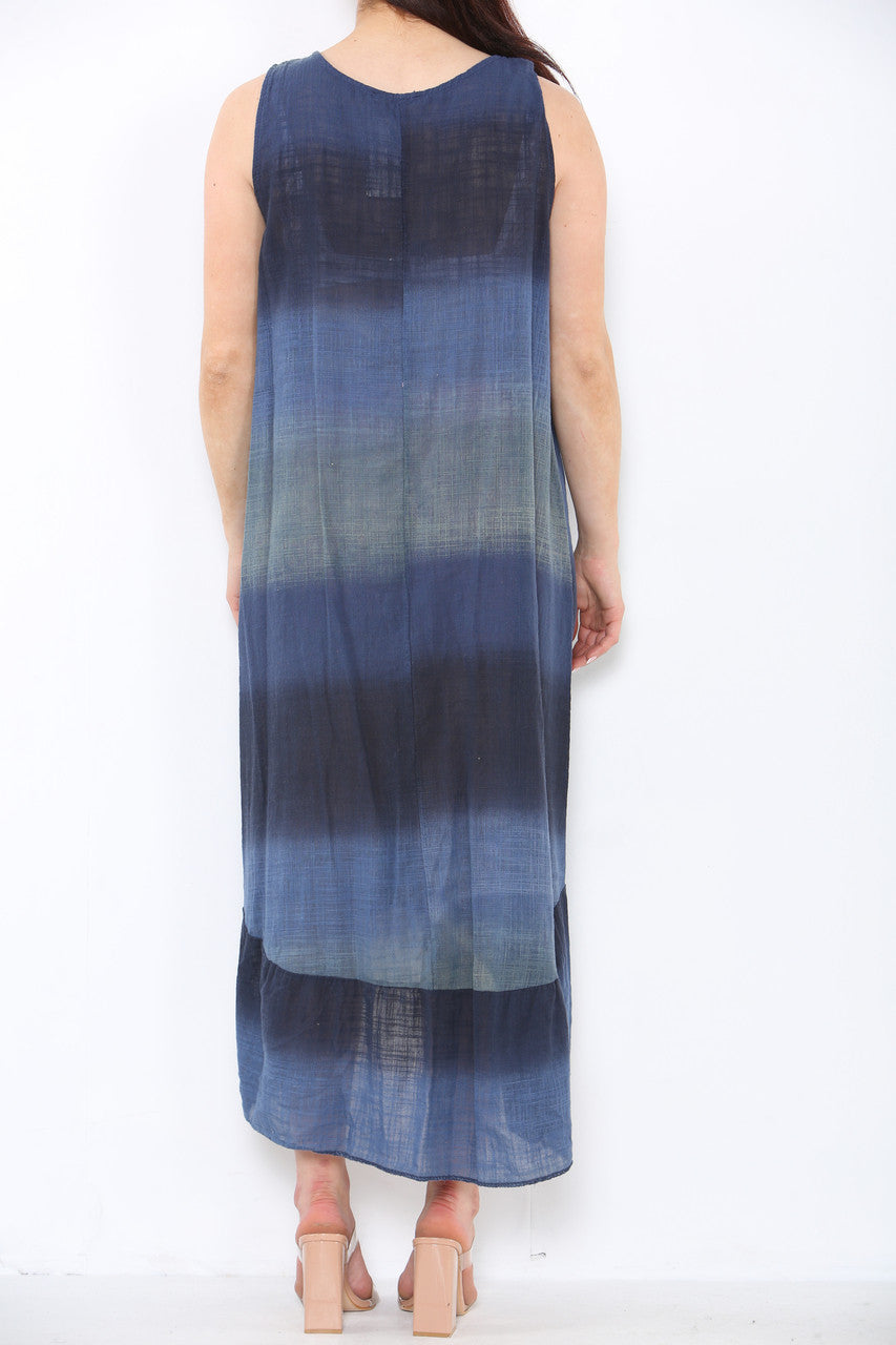Ladies Tie Dye Ombre Sleeveless Dress Navy