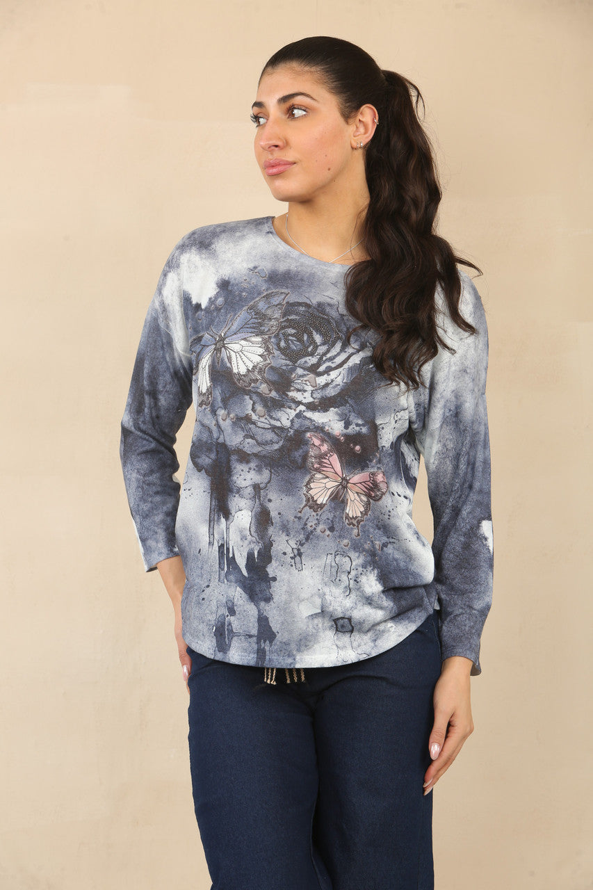 ROSE BUTTERFLY GRAPHIC TOP - NAVY