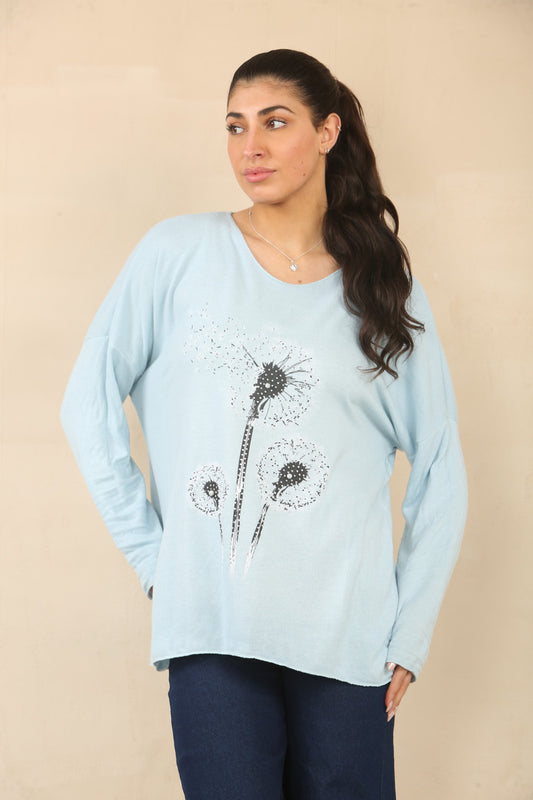 PAARDEBLOEM BLOEMENPRINT TRUI TOP - LICHTBLAUW