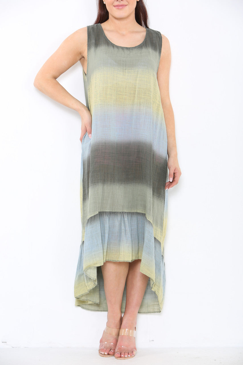 Ladies Tie Dye Ombre Sleeveless Dress Khaki