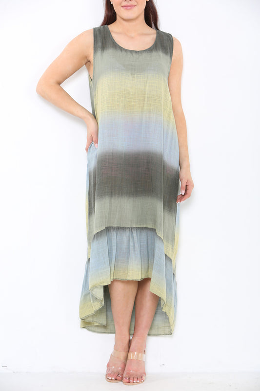 Dames Tie Dye Ombre Mouwloze Jurk Kaki