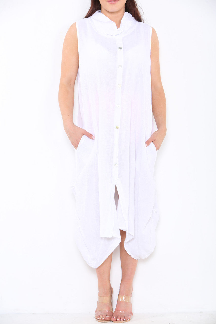Ladies Linen Button Front Cowl Neck Sleeveless Dress White