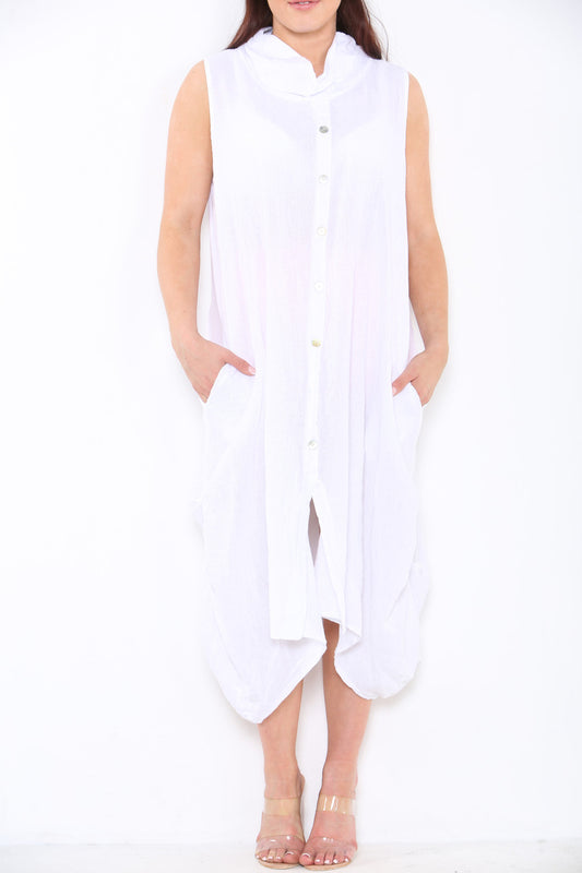 Ladies Linen Button Front Cowl Neck Sleeveless Dress White