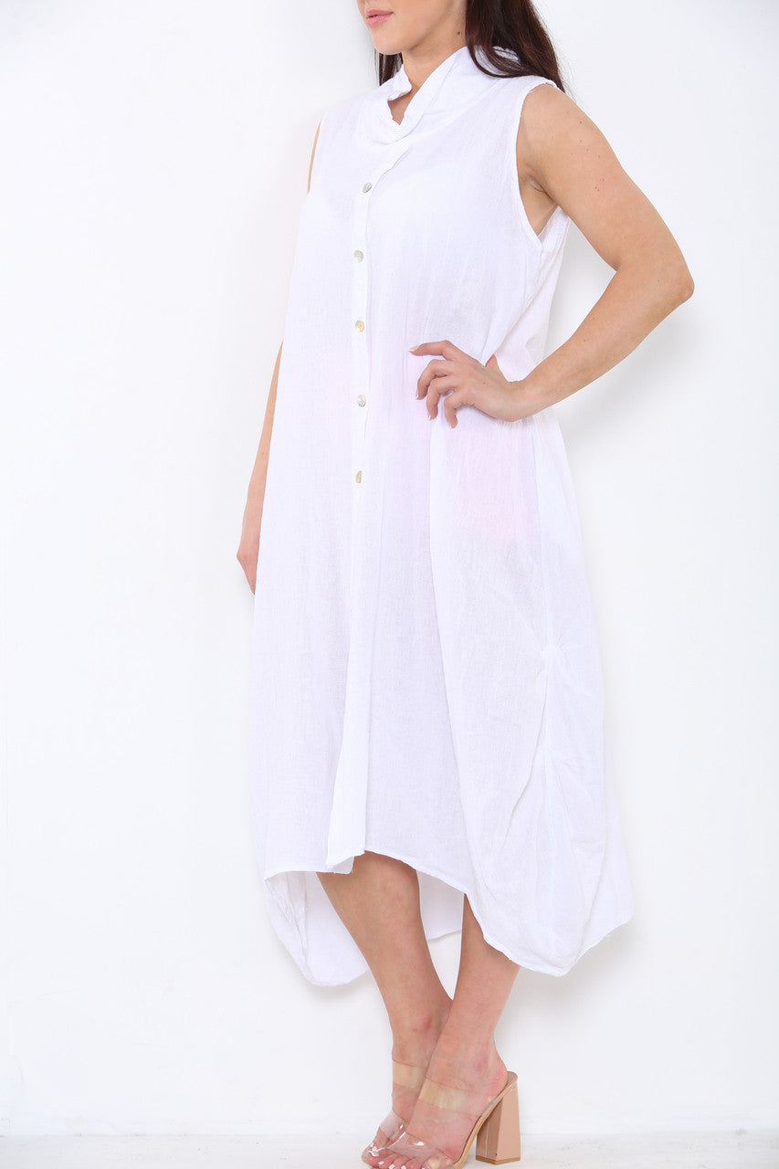 Ladies Linen Button Front Cowl Neck Sleeveless Dress White