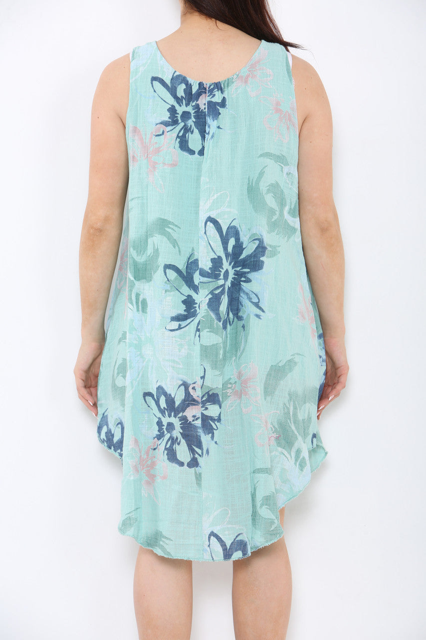 Ladies Abstract Floral Print Sleeveless Dress Mint