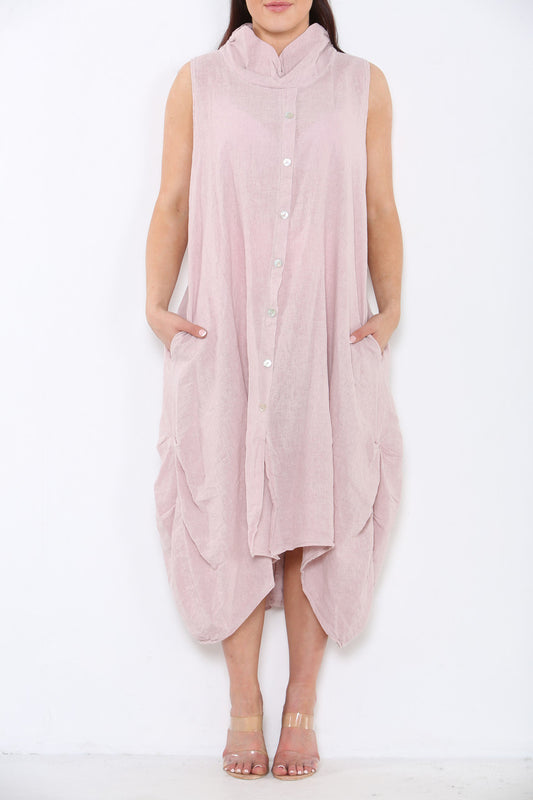 Ladies Linen Button Front Cowl Neck Sleeveless Dress Dusty Pink