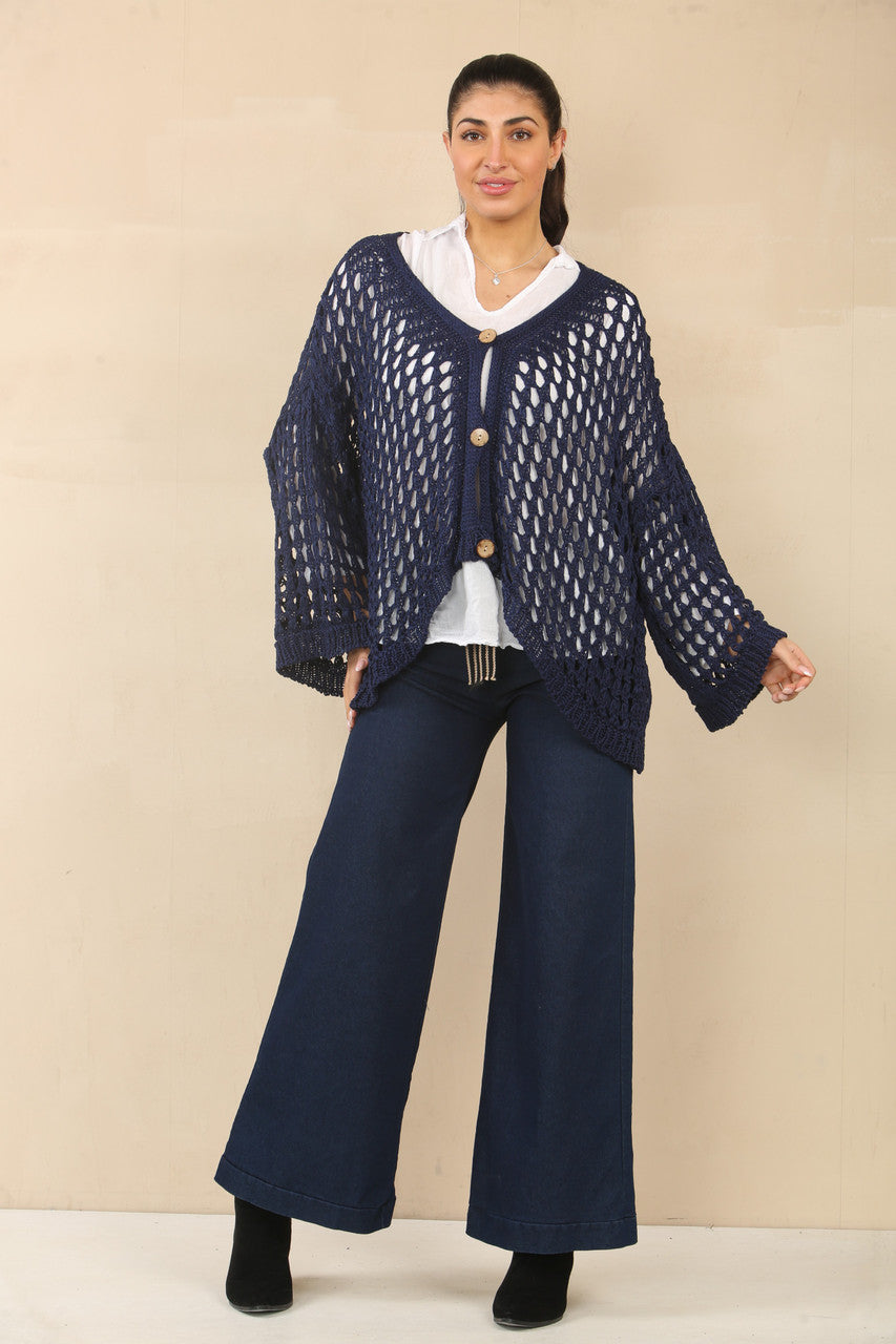 GEHAAKT VEST MET KNOPENSLUITING - NAVY