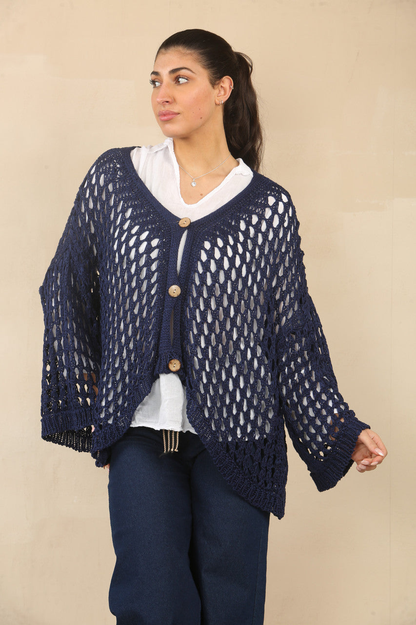 GEHAAKT VEST MET KNOPENSLUITING - NAVY