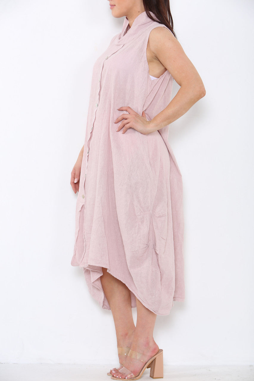 Ladies Linen Button Front Cowl Neck Sleeveless Dress Dusty Pink