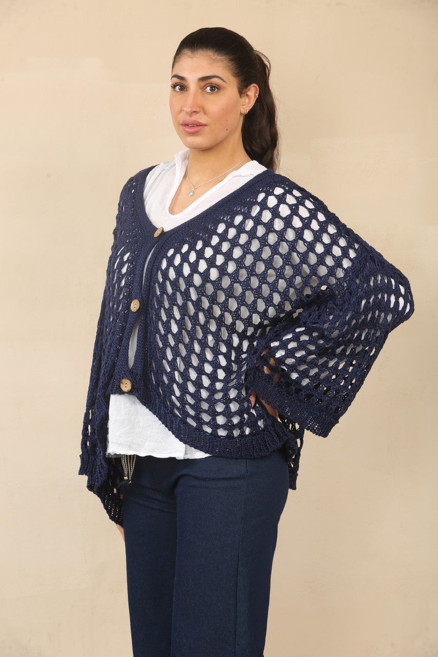 GEHAAKT VEST MET KNOPENSLUITING - NAVY