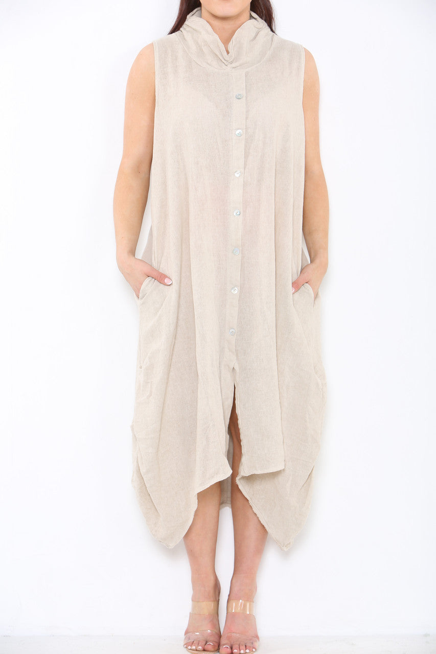 Ladies Linen Button Front Cowl Neck Sleeveless Dress Stone