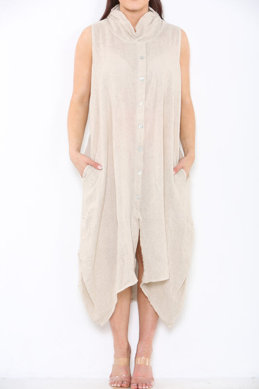 Ladies Linen Button Front Cowl Neck Sleeveless Dress Stone
