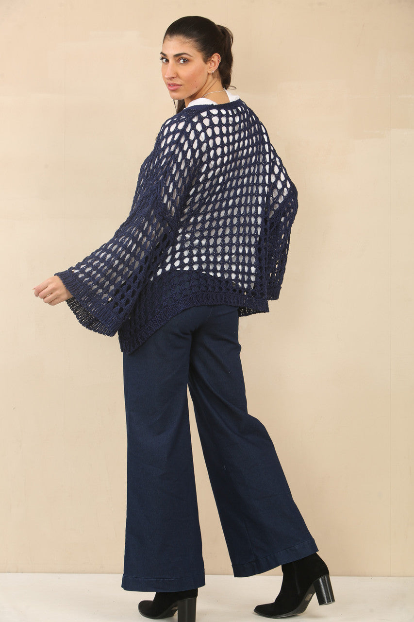 GEHAAKT VEST MET KNOPENSLUITING - NAVY