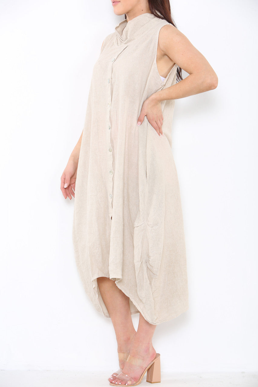Ladies Linen Button Front Cowl Neck Sleeveless Dress Stone