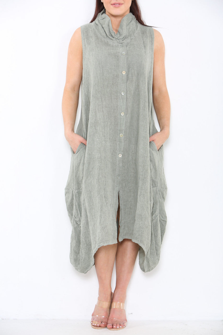 Ladies Linen Button Front Cowl Neck Sleeveless Dress Khaki