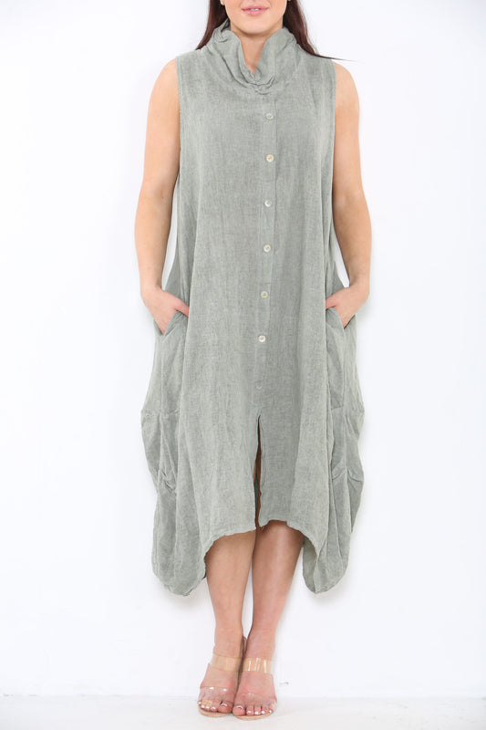 Ladies Linen Button Front Cowl Neck Sleeveless Dress Khaki