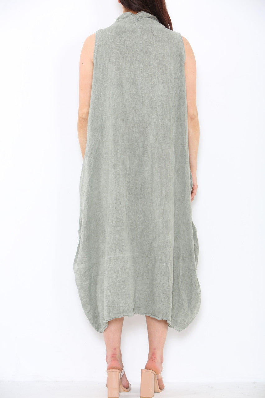 Ladies Linen Button Front Cowl Neck Sleeveless Dress Khaki